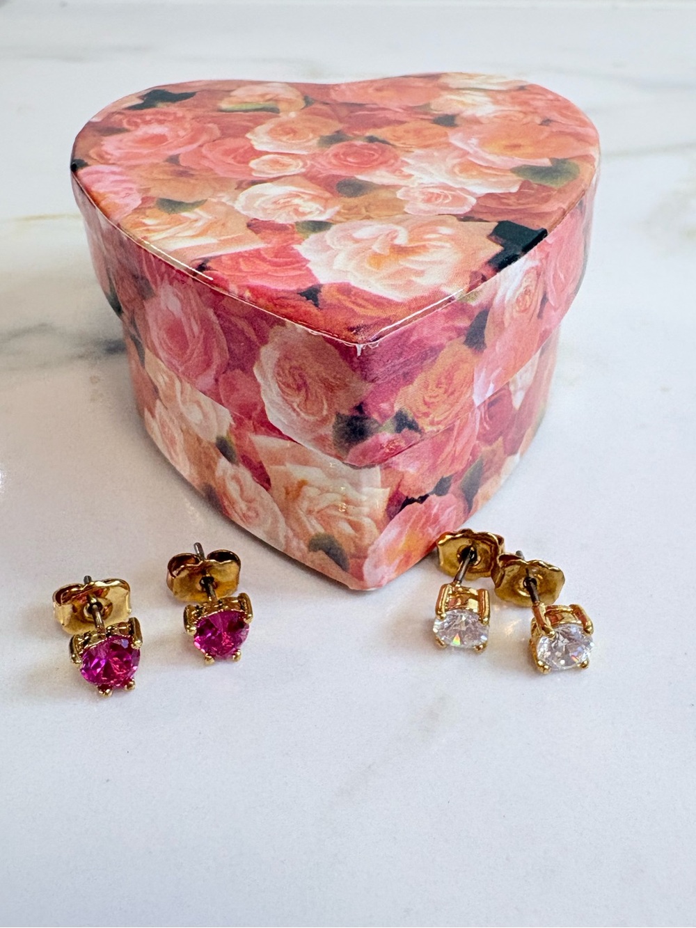 Vintage Avon Fuchsia Heart & Rhinestone Stud Earrings Set | Floral Heart Box NIB